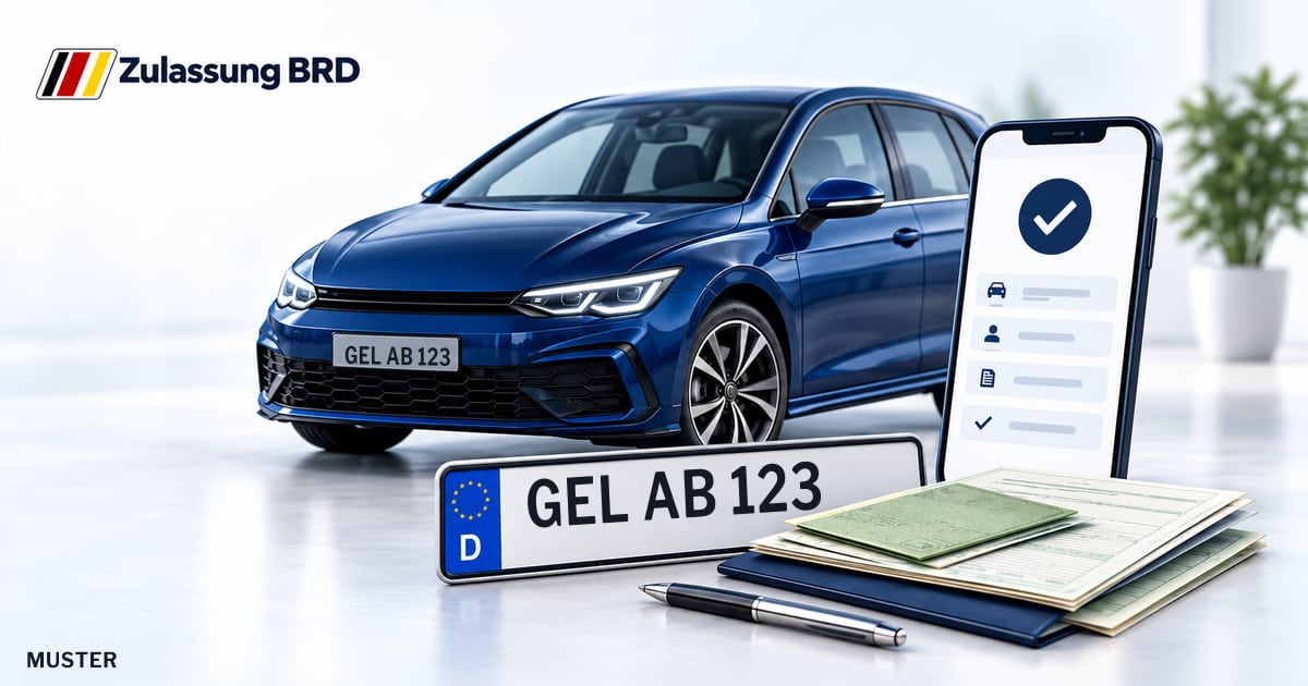 Online Fahrzeugzulassung in Rees: Musterkennzeichen GEL AB 123, Auto und Fahrzeugpapiere und Smartphone. Illustration mit Logo von Zulassung BRD.